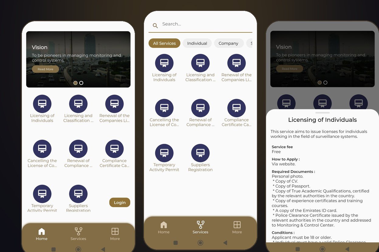 Monitoring and Control Center app screens showing the services grid and licensing details